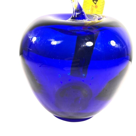 Vtg Blenko Handblown Cobalt Blue Glass Apple Paperweight Clear Applied Stem MCM - Picture 7 of 8